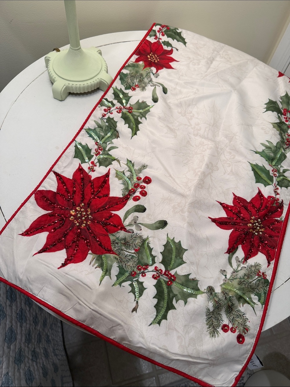 Holiday Beaded Poinsettia Table Runner - Store House Red and Cream